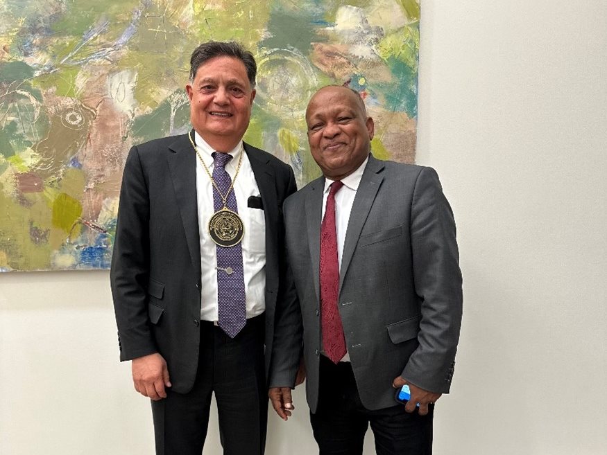 From left:&amp;nbsp;Imad Al-Qadi, Illinois Center for Transportation director, with Omer Osman, Illinois Department of Transportation secretary, at a dinner hosted by the Department of Civil and Environmental Engineering in Al-Qadi&amp;rsquo;s honor on April 24, 2023.