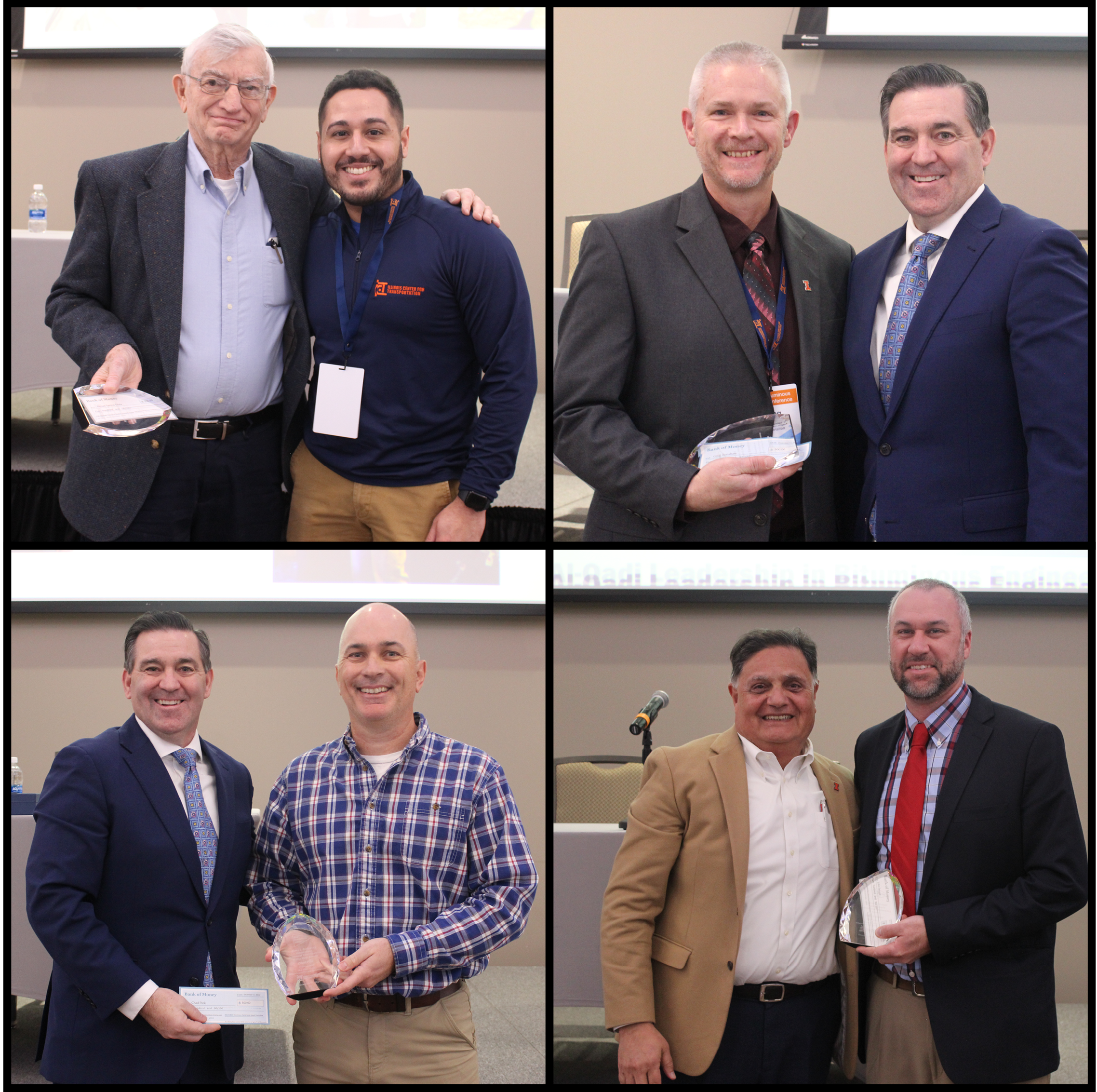 Clockwise from upper left: Professor Emeritus Marshall Thompson with Renan Santos Maia; Greg Renshaw with Kevin Burke, executive vice president of IAPA; Burke with Chad Pink; Imad Al-Qadi with John Senger.