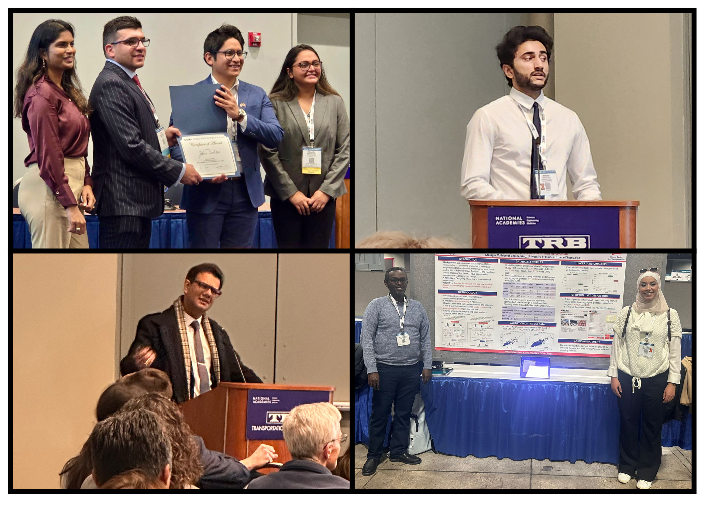 Clockwise from top left:&nbsp; Johann Cardenas accepting his award, Abhilash Vyas presenting his research, ICT senior research engineer Uthman Mohamed Ali with Yusra Alhadidi at a poster presentation, and Akash Bajaj at the lectern.