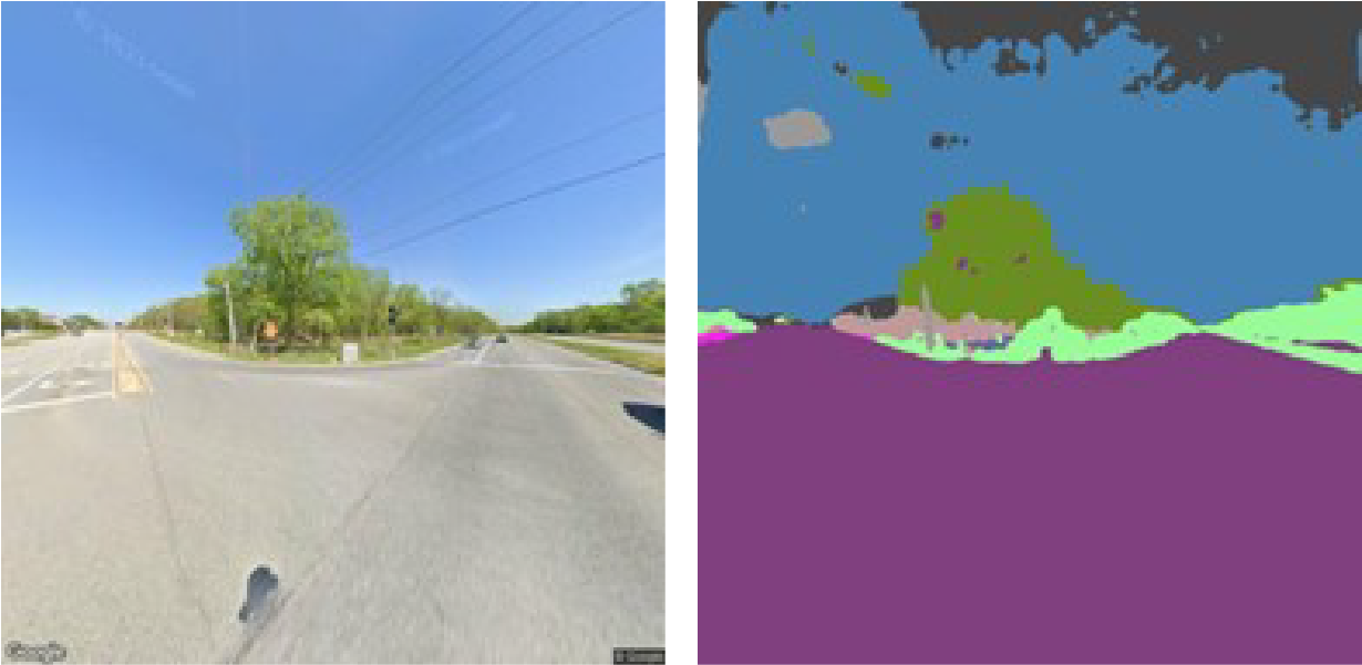 Provided by&nbsp;Alireza Talebpour. Example of image segmentation results for a crash site in Illinois. Image segmentation in the ICT-IDOT study classifies each pixel into 1 of 19 predefined categories such as road, sidewalk, vegetation and more.