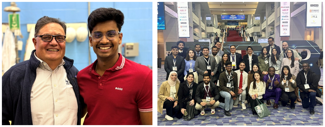 From left:&amp;nbsp;Gangidi, right, with advisor Imad Al-Qadi, Grainger Distinguished Chair in Engineering and ICT director, at the ICT Winter Open House on December 2, 2024. Gangidi, front row fourth from left, with ICT staff, students and faculty at the 104th Transportation Research Board Annual Meeting.