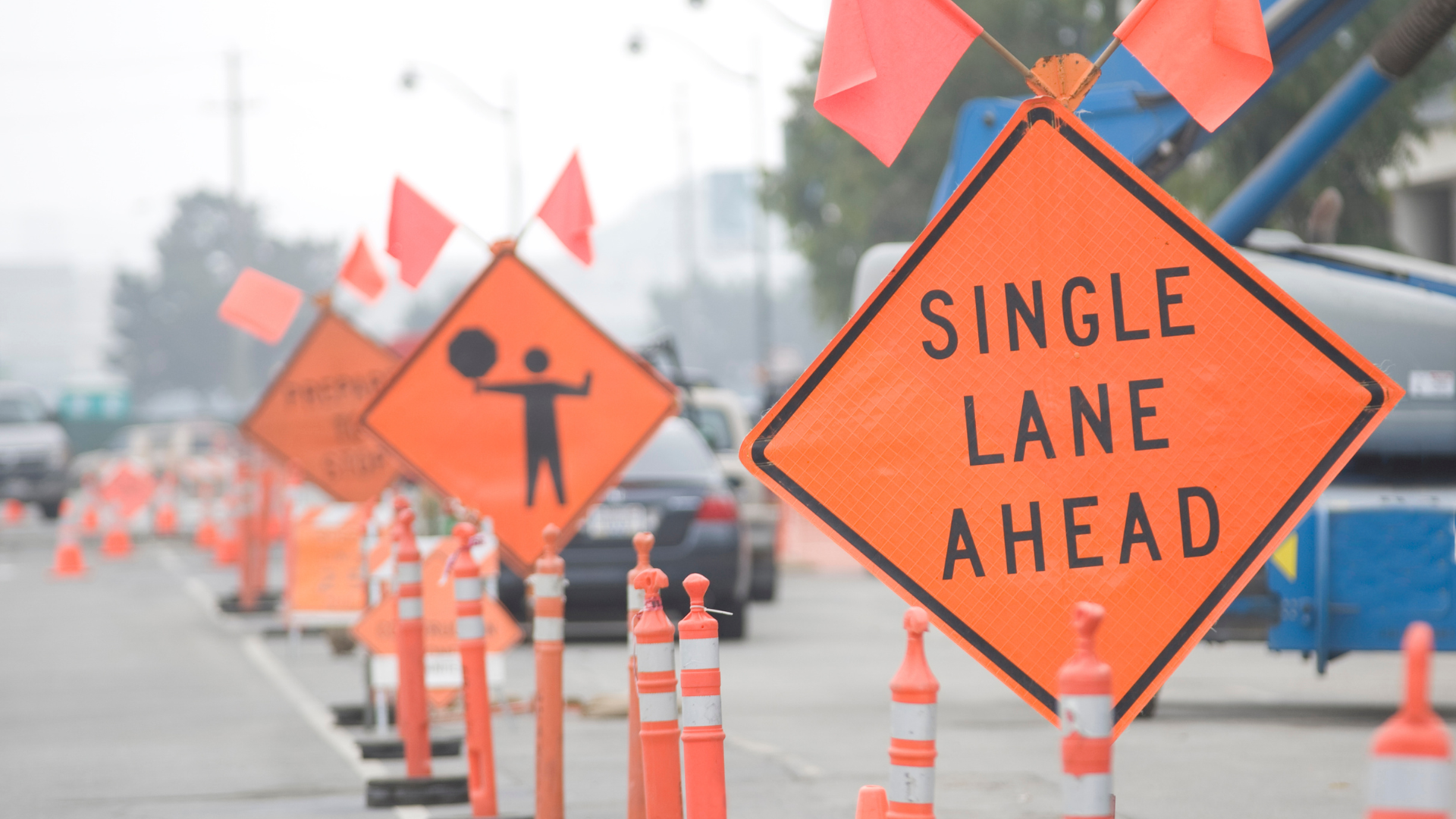 Lightweight temporary work zone signs may consist of fabric, roll-up and portable signs.