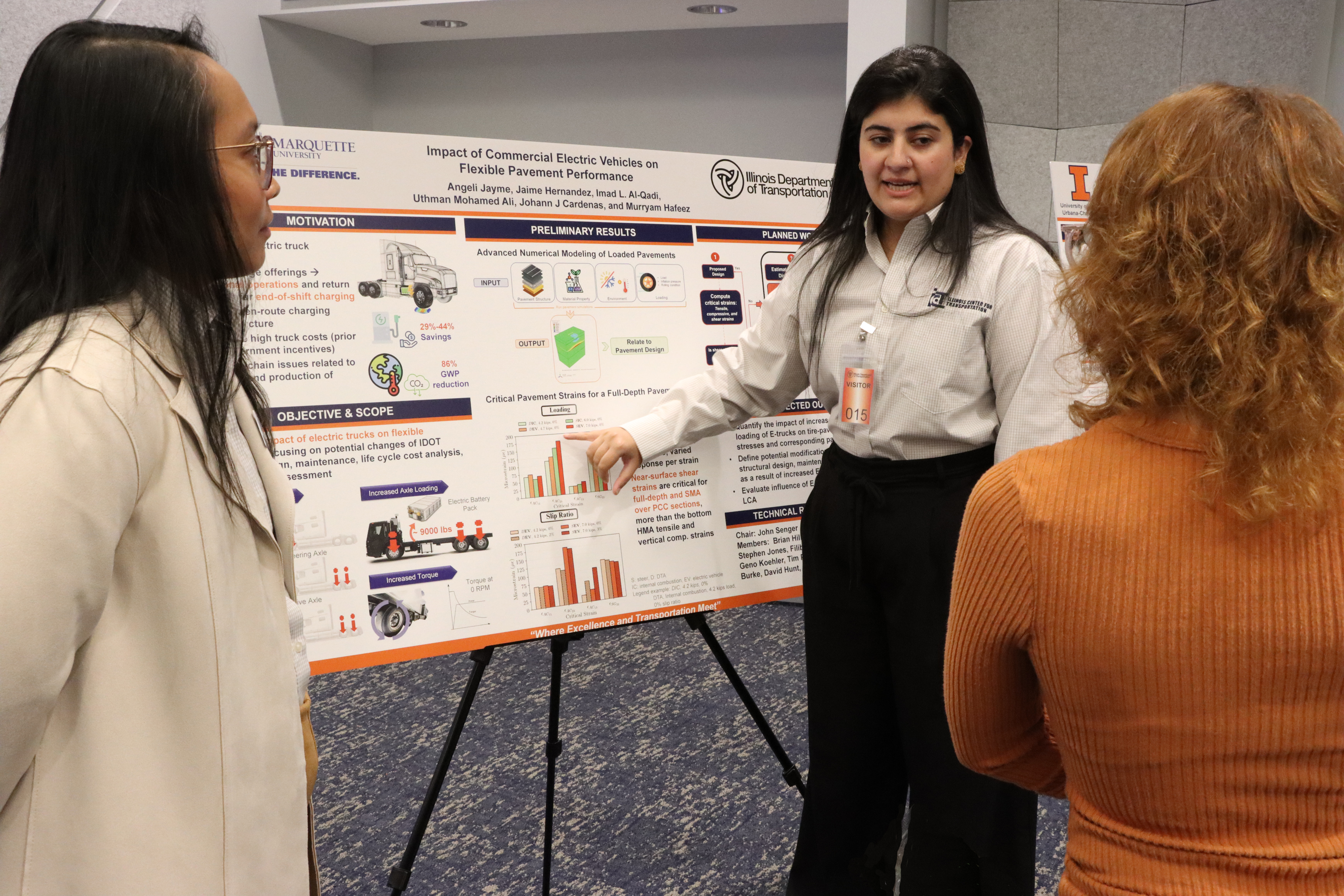 An ICT graduate student presents her ICT-IDOT research at a research showcase.