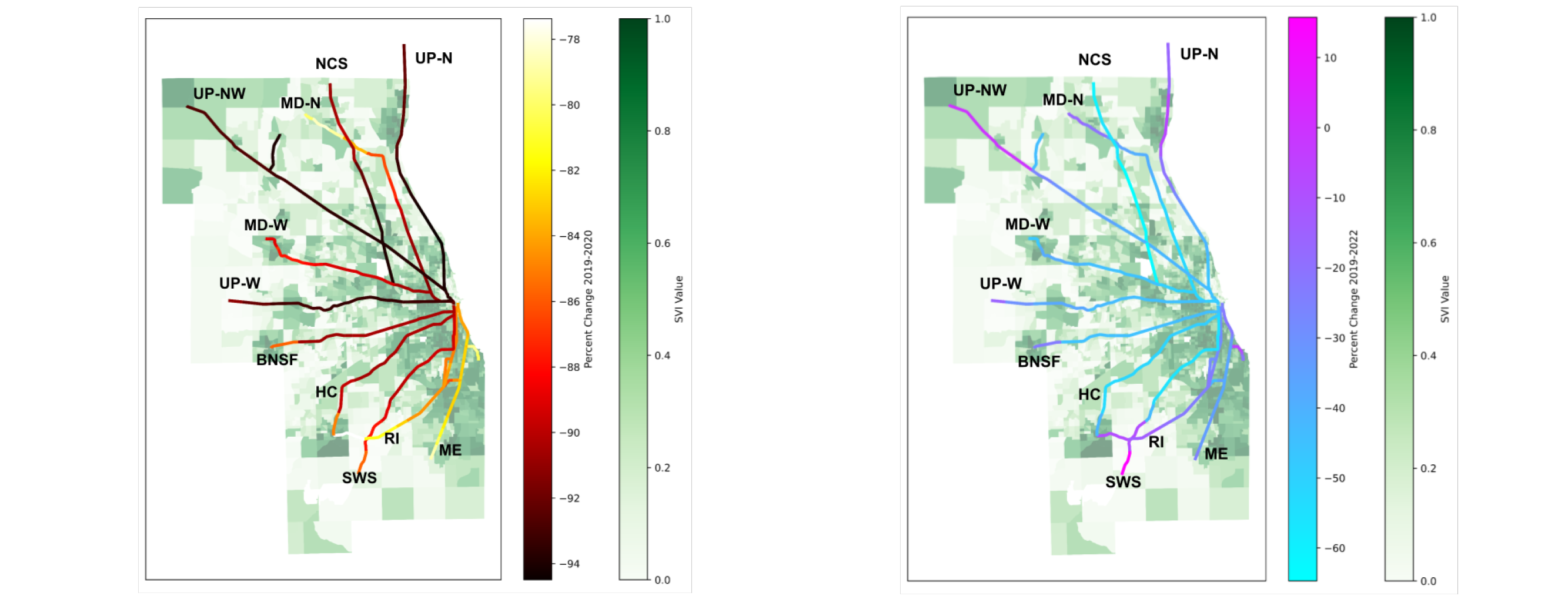 Metra ridership change by line, 2019-20 (left) and 2019-22 (right), shown with the CDC/ATSDR Social Vulnerability Index. The maps suggest that the largest ridership losses occurred primarily on lines serving less socially vulnerable areas, while ridership remained more persistent in communities where residents may have fewer transportation alternatives.