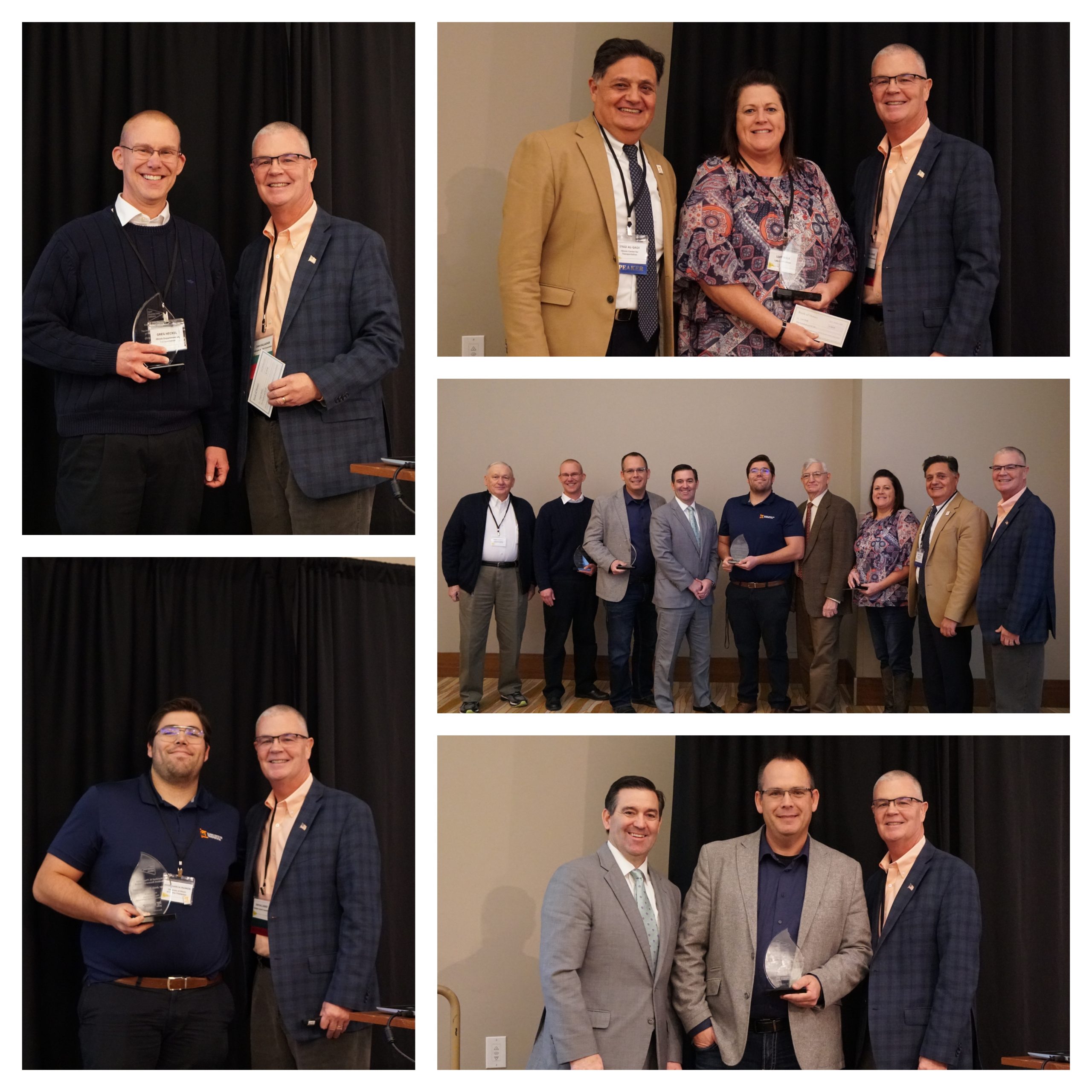 The 60th Illinois Bituminous Paving Conference award winners were all smiles while receiving their awards on Dec. 12, 2019. Award recipients included Greg Heckel (left, top left photo), Lori Walk (middle, top right photo), Javier Jes&uacute;s Garc&iacute;a Mainieri (left, bottom left photo) and Jeffrey Kern (middle, bottom right photo).