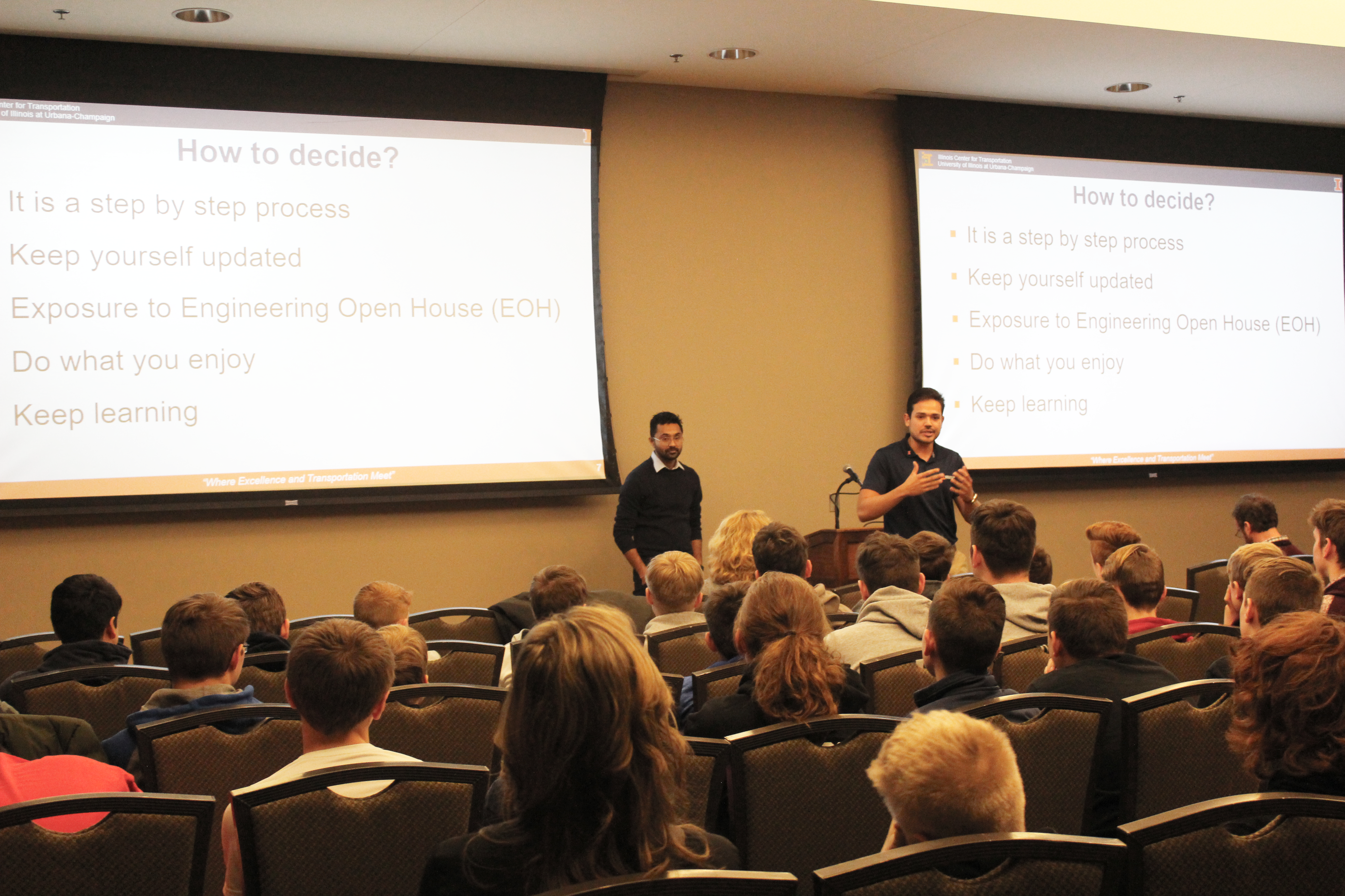 Punit Singhvi, front left, and Jos&eacute; Rivera-Perez captivated their audience during the 29th annual 8th Grade Career Conference, which saw participation from area East Central Illinois schools.