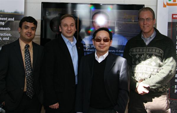 Dr. Dingqing Li and Dr. Collin Basye from the Transportation Technology Center, Inc. in Pueblo, Colorado visited ATREL on March 27, 2013. Shown above are Debakanta Mishra, Postdoctoral Research Associate, Professor Erol Tutumluer, Li, and Basye.