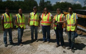 Project TRP members visiting the test section construction site in summer. L to R: Hasan Ozer (Co-PI), Sean Stutler (TRP member), Erol Tutumluer (PI), Sheila Beshears (TRP chair), Heather Shoup (TRP member), Issam Qamhia (research assistant).
