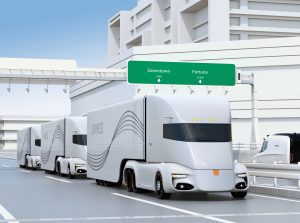 A 3D rendering image of a fleet of self-driving trucks platooning on a highway.