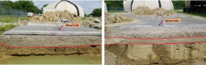 Sample cross sections from trenching after the end of performance monitoring. Fly ash-stabilized QB aggregates base can be seen on the left while the inverted pavement section is on the right.