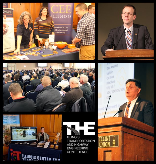 The 105th annual T.H.E. Conference proved successful. Photos include: UIUC Department of Civil and Environmental Engineering staff engage conference-goers (top left); UIUC Professor Jeff Roesler kicks off the T.H.E. Conference (top right); attendees engage in a morning session (middle); ICT staff display program overview (bottom left); and ICT Director Imad Al-Qadi discusses the Smart Transportation Infrastructure Initiative (bottom right).