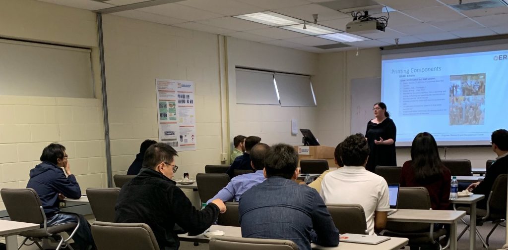 Megan Kreiger, a mechanical engineer at the U.S. Army Engineer Research and Development Center Construction Engineering Research Laboratory, chats about additive construction at ICT earlier in April.