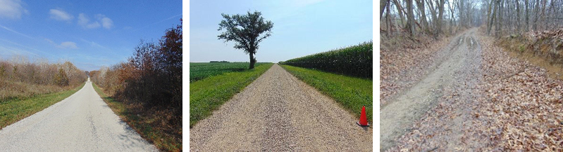 Typical seal-coated, gravel, and dirt roads, left to right.