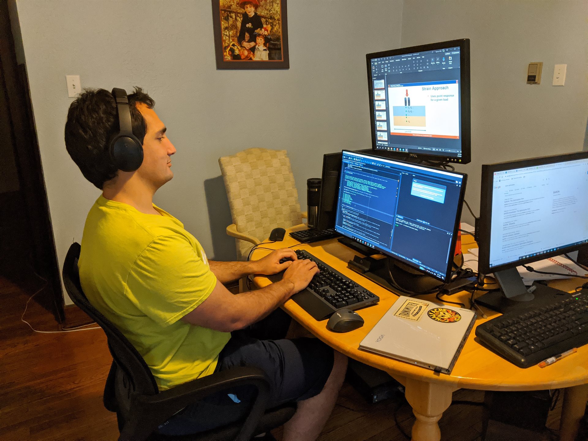 Egemen Okte showcases his MacGyver-like, problem-solving skills by putting his monitors on top of one another to conserve space.