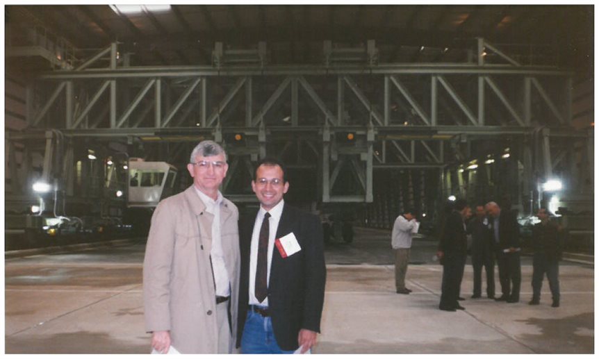 Manuel Bejarano, right, was all smiles posing for a photo with Marshall Thompson, a former UIUC professor, at the Federal Aviation Administration&rsquo;s National Airport Pavement Test Facility during his time at UIUC. Thompson now serves as professor emeritus.