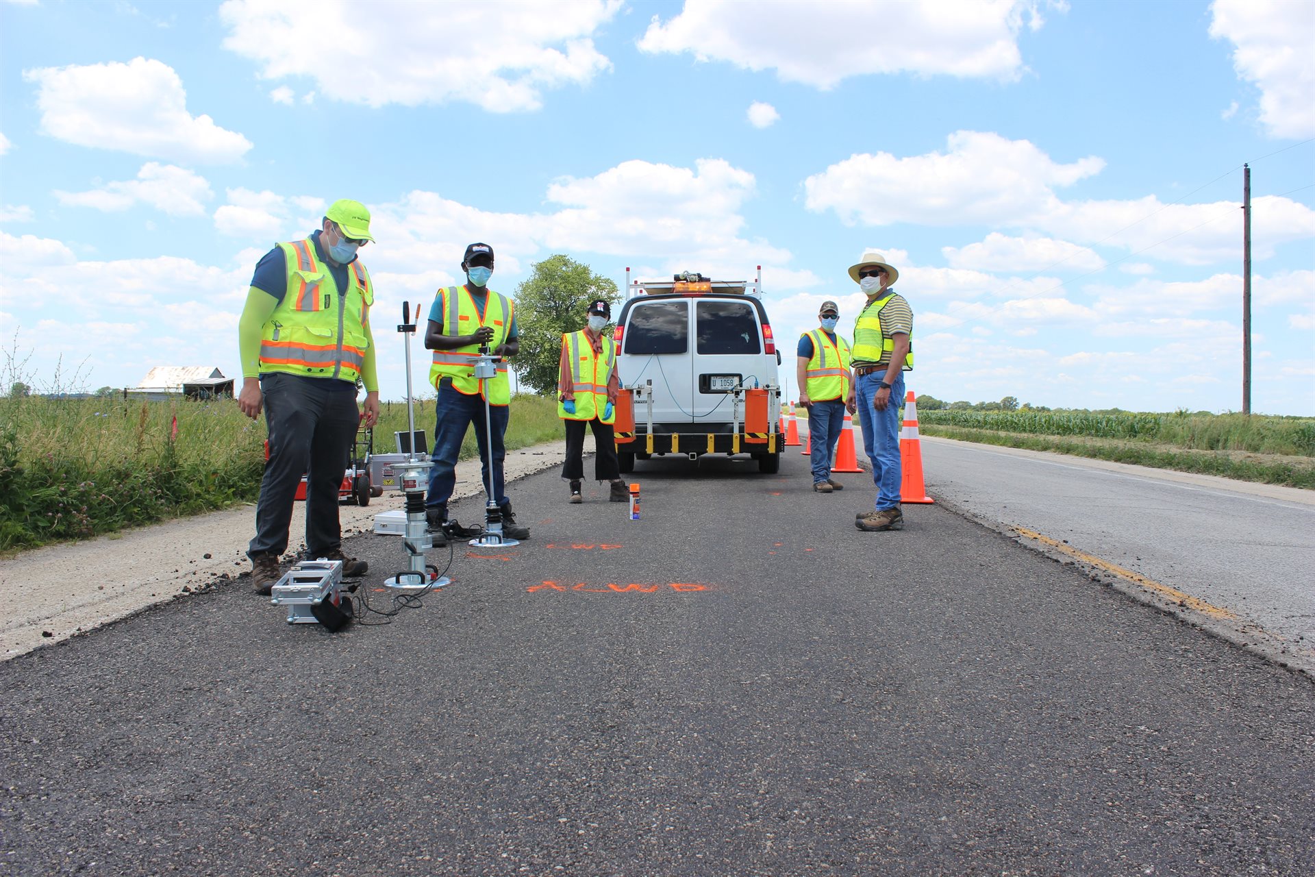 The research team uses an asphalt lightweight deflectometer, a soils/granular lightweight deflectometer and ground-penetrating radar attached to a vehicle to measure pavement density. Ground-penetrating radar, a technique similar to the radar system used to detect airplanes, sends electromagnetic waves into pavement to detect different materials, including water.