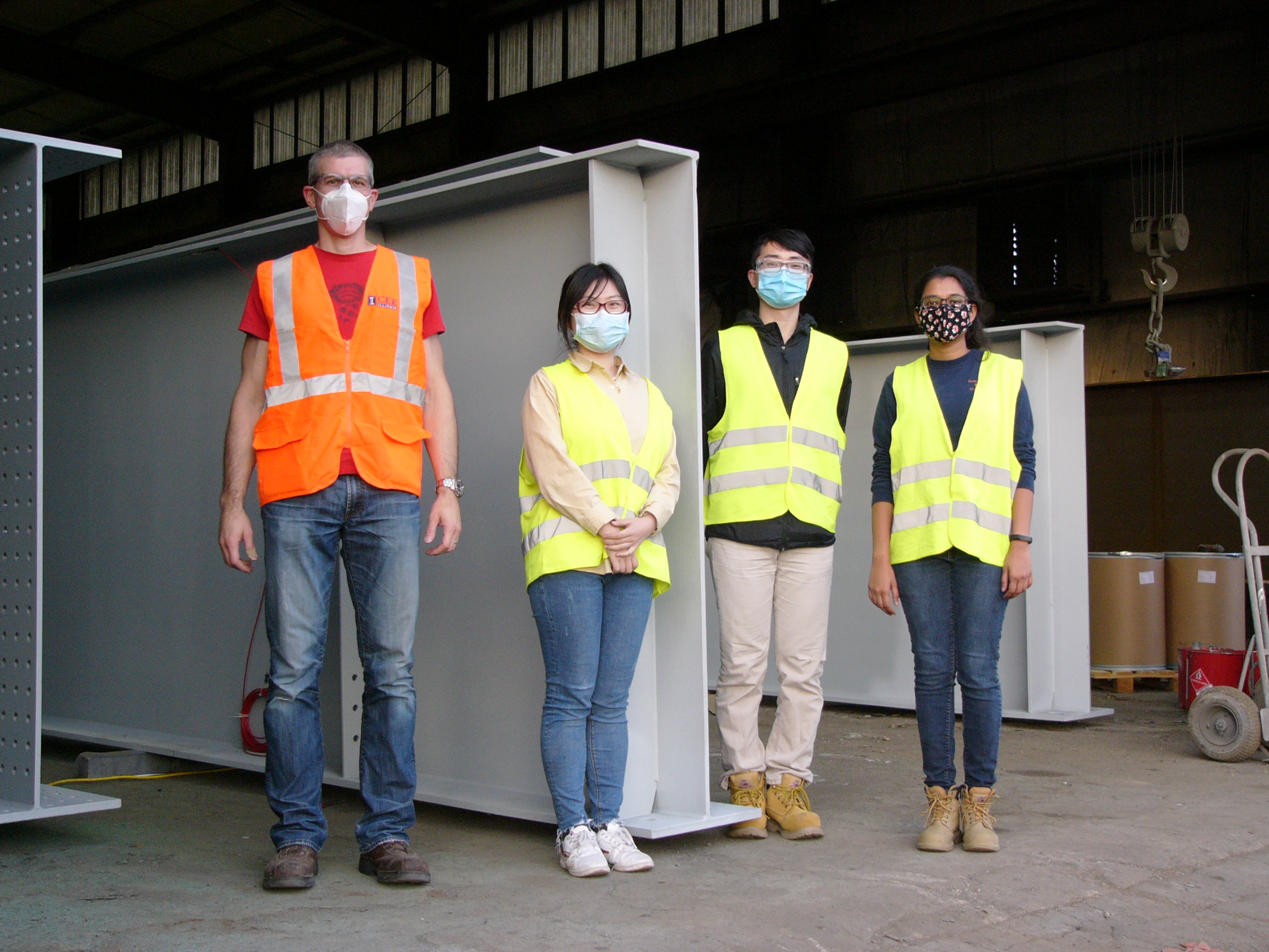 Provided by Larry Fahnestock. From left, UIUC professor Larry Fahnestock along with graduate students Sunny Zhou, Gaoyu Liu and Aradhana Agarwal on Oct. 15, 2020, at Regal Industrial Corporation in Donora, Pennsylvania, where the researchers began installing the strain gauges before construction.