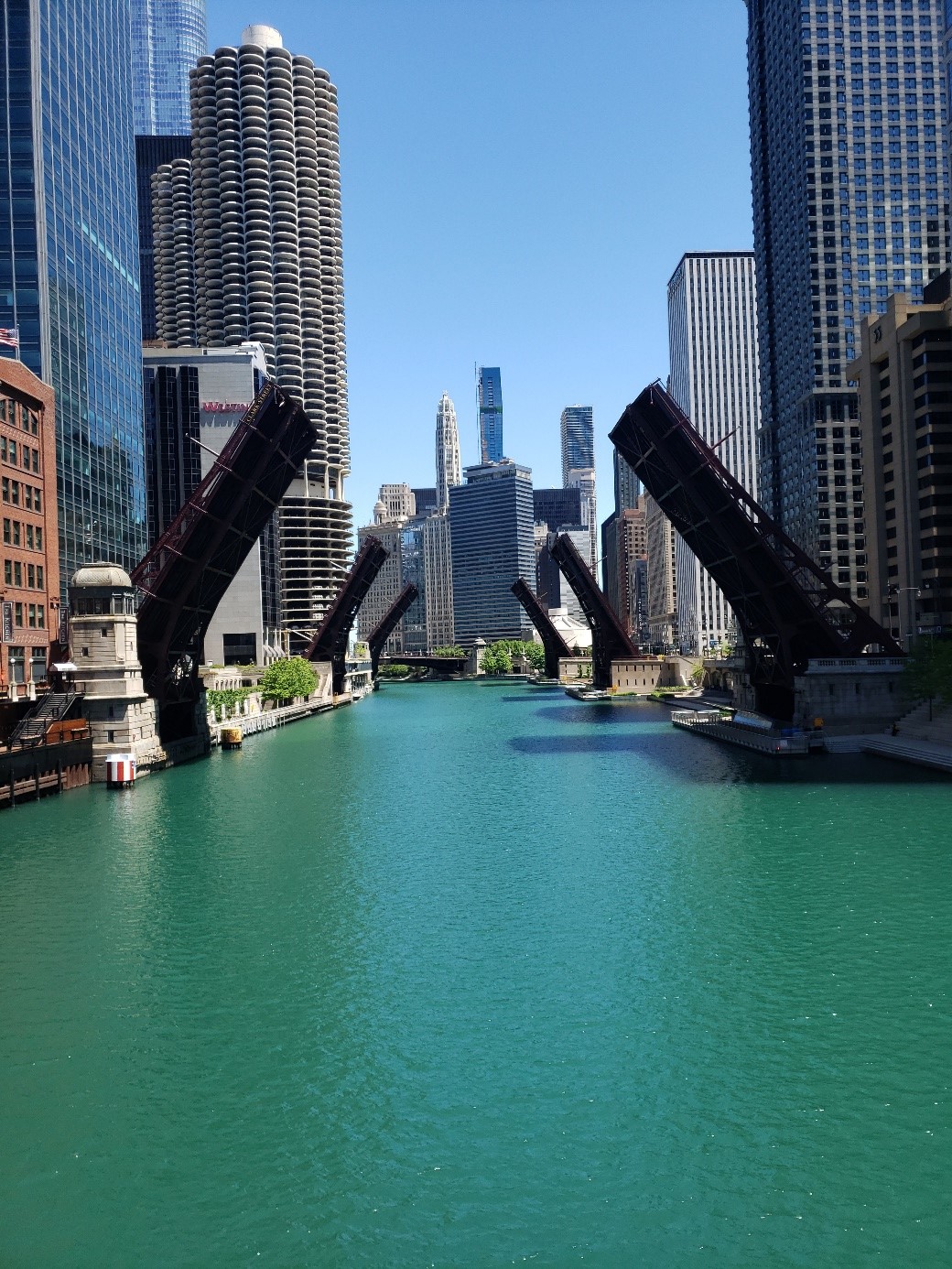 Provided by Adam Miliszewski, WSP USA. Raised bridges on the Chicago River in Chicago, Illinois, on May 31, 2020. Illinois&rsquo; marine transportation system consists of 1,118 miles of inland waterways and connects the Great Lakes to the Gulf of Mexico as well as the Atlantic Ocean.