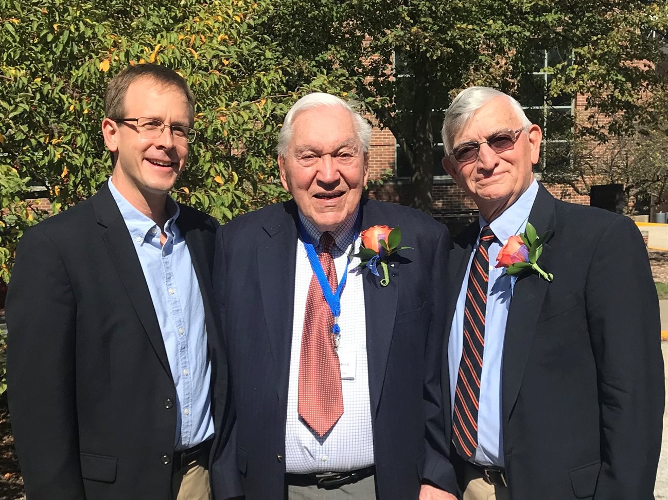 &lt;span style=&quot;font-size: 0.8em;&quot;&gt;University of Illinois professors, from left, Jeff Roesler&lt;/span&gt;&lt;span style=&quot;font-size: 0.8em;&quot;&gt;, Ernest Barenberg&lt;/span&gt;&lt;span style=&quot;font-size: 0.8em;&quot;&gt; and Marshall Thompson attend Illinois&rsquo; Civil and Environmental Engineering Alumni Association luncheon on Oct. 13, 2017. Barenberg&lt;/span&gt;&lt;span style=&quot;font-size: 0.8em;&quot;&gt; and Thompson were honored with CEE's &lt;/span&gt;&lt;span style=&quot;font-size: 0.8em;&quot;&gt;Distinguished Faculty Awards for their contributions to the department, research and education of students.&lt;/span&gt;
