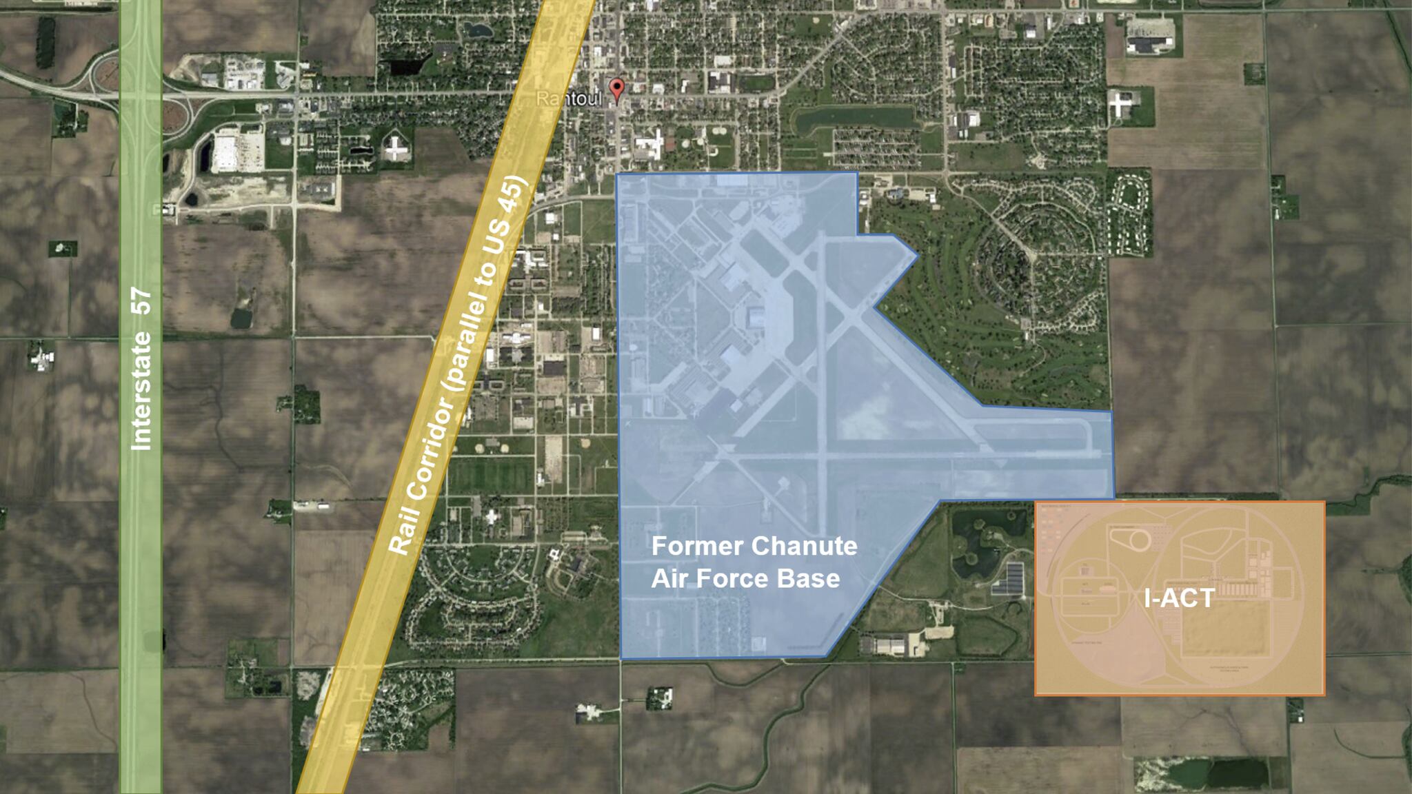 An aerial shot of I-ACT's location on the decommissioned Chanute Air Force Base in Rantoul, Ill. The track is conveniently located near Interstate 57, U.S. Route 45 and a rail corridor. IDOT approved ICT testing its autonomous and connected vehicle efforts on U.S. Route 45.