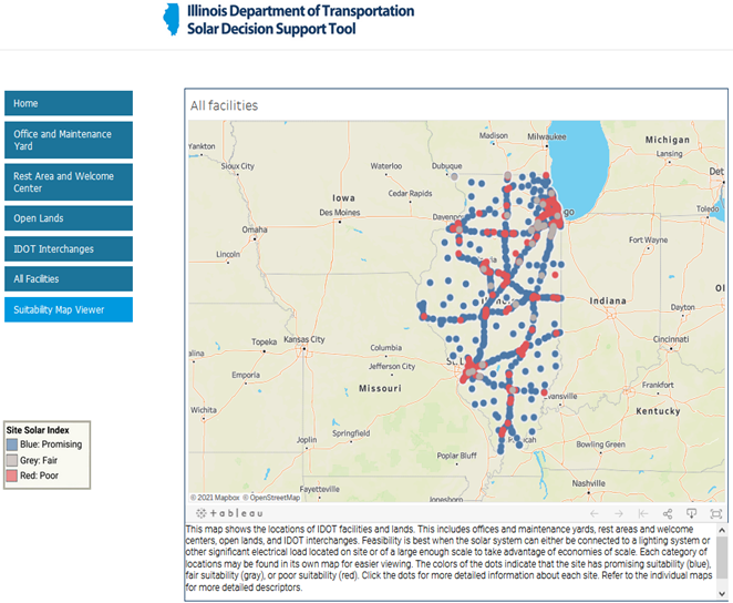 The solar panel mapping tool developed in the ICT-IDOT project. Blue and red dots indicate promising and poor areas, respectively, for solar panel installation. Users can zoom in on the locations to obtain more data about the potential site.