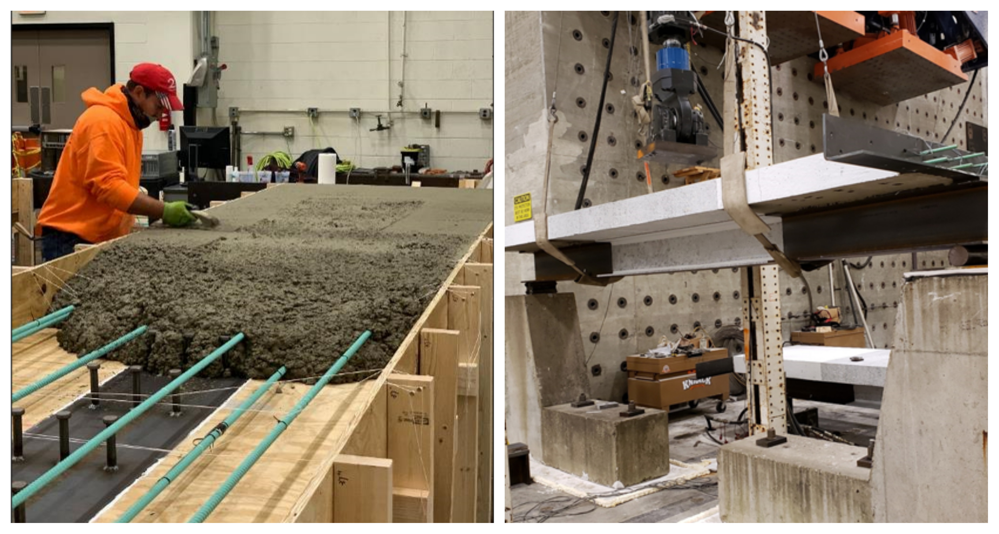 Casting a simulated concrete bridge deck over textured epoxy-coated reinforcing bars, left, to test shrinkage and potential cracking. The set up for the flexural test, right, to apply force to determine the beam&rsquo;s stiffness and deformations. The researchers used digital image correlation technology to take images from the side of and underneath the beam to capture its strain distribution.