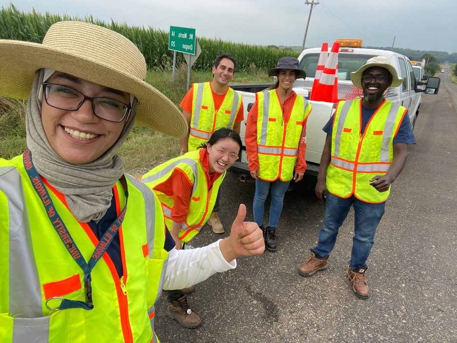 C&amp;lt;em&amp;gt;ao and colleagues in professor Imad Al-Qadi&amp;rsquo;s research group at a field work site.&amp;lt;/em&amp;gt;