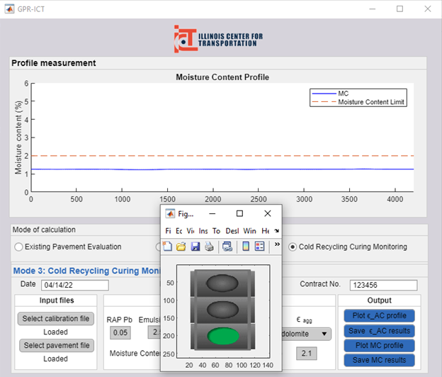 Interface of the user-friendly tool developed by Al-Qadi&amp;amp;rsquo;s team for Illinois Department of Transportation&amp;amp;rsquo;s use. The tool interprets data collected by the ground-penetrating radar and communicates roadway conditions to users through a traffic light. A green light indicates the road is ready for traffic or overlay placement.