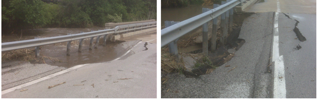 Washout of a bridge in Morgan County, IL during a flood, left, and after the flood receded, right. The National Bridge Inspection Standards were created to implement a bridge safety inspection program for all bridges on public roads. One crucial aspect of the standards is the requirement to monitor bridges during and after flood events to ensure they are still safe for the public.