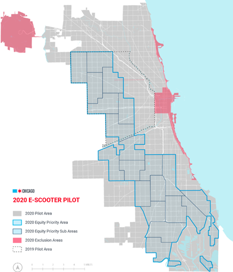 Chicago&amp;amp;amp;rsquo;s equity priority area &amp;amp;amp;mdash; a region identified as being underserved by transit &amp;amp;amp;mdash; outlined in blue, as defined in the City of Chicago&amp;amp;amp;rsquo;s report, &amp;amp;lt;em&amp;amp;gt;2020 E-Scooter Pilot Evaluation&amp;amp;lt;/em&amp;amp;gt;.