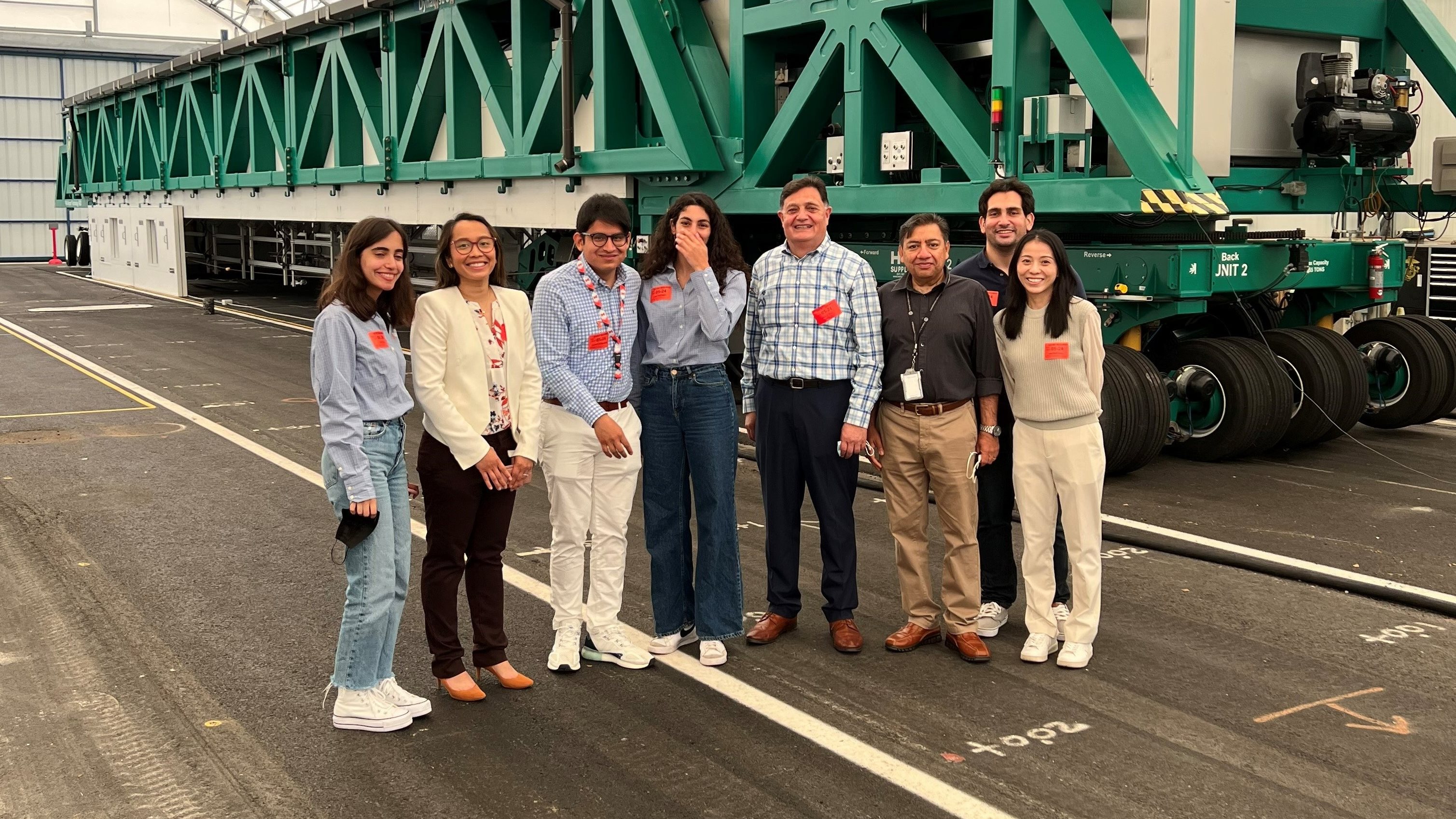 University of Illinois Urbana-Champaign Department of Civil and Environmental Engineering researchers smile while visiting the Federal Aviation Administration&amp;amp;amp;amp;rsquo;s William J. Hughes Technical Center in Atlantic City, New Jersey. The researchers include, from left: Lara Diab, Angeli Jayme, Johann Cardenas, Lama Abufares, Imad Al-Qadi, Navneet Garg (FAA), Egemen Okte and Qingwen Zhou.