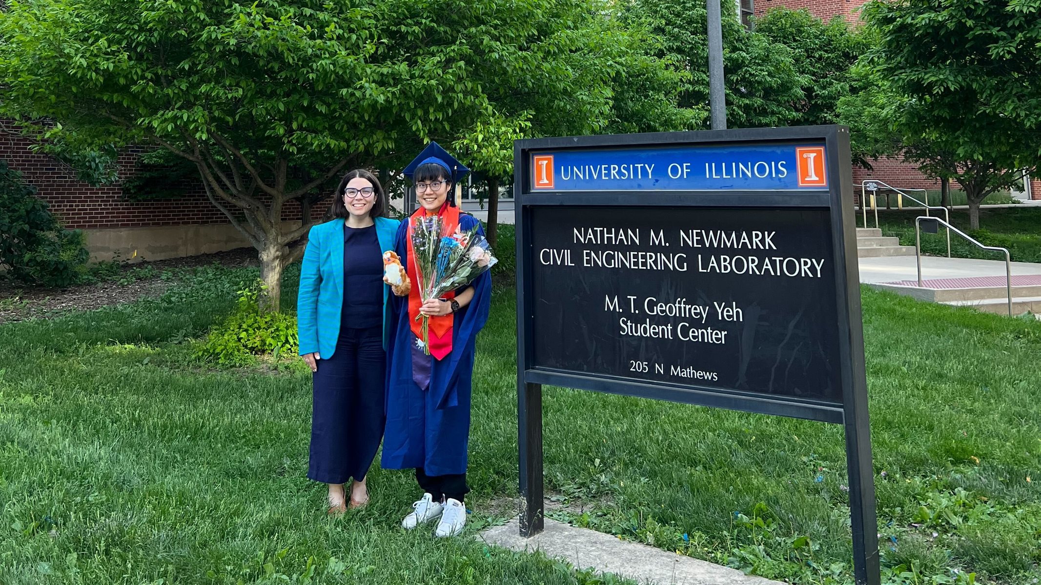 Eleftheria (Ria) Kontou, University of Illinois Urbana-Champaign assistant professor, poses with Yen-Chu Wu, UIUC master&rsquo;s student, outside the Nathan M. Newmark Civil Engineering Laboratory. &ldquo;Mentoring my students who took part in this initiative was one of my favorite parts of this study,&rdquo; Kontou said. &ldquo;You can see students grow, take up more responsibilities, think independently and contribute to the transportation science literature.&rdquo;