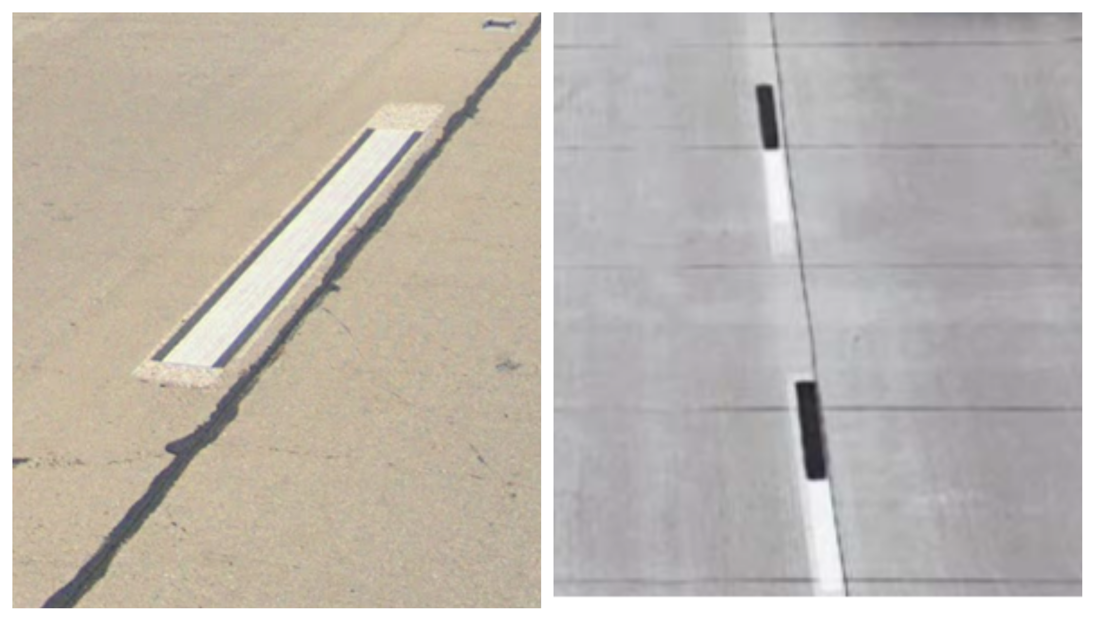Contrast pavement markings have two main designs, from left: bordered and lead/lag. Contrast pavement markings are intended to make the marking more visible to motorists, particularly in instances where there is glare from sunlight or adverse weather conditions.
