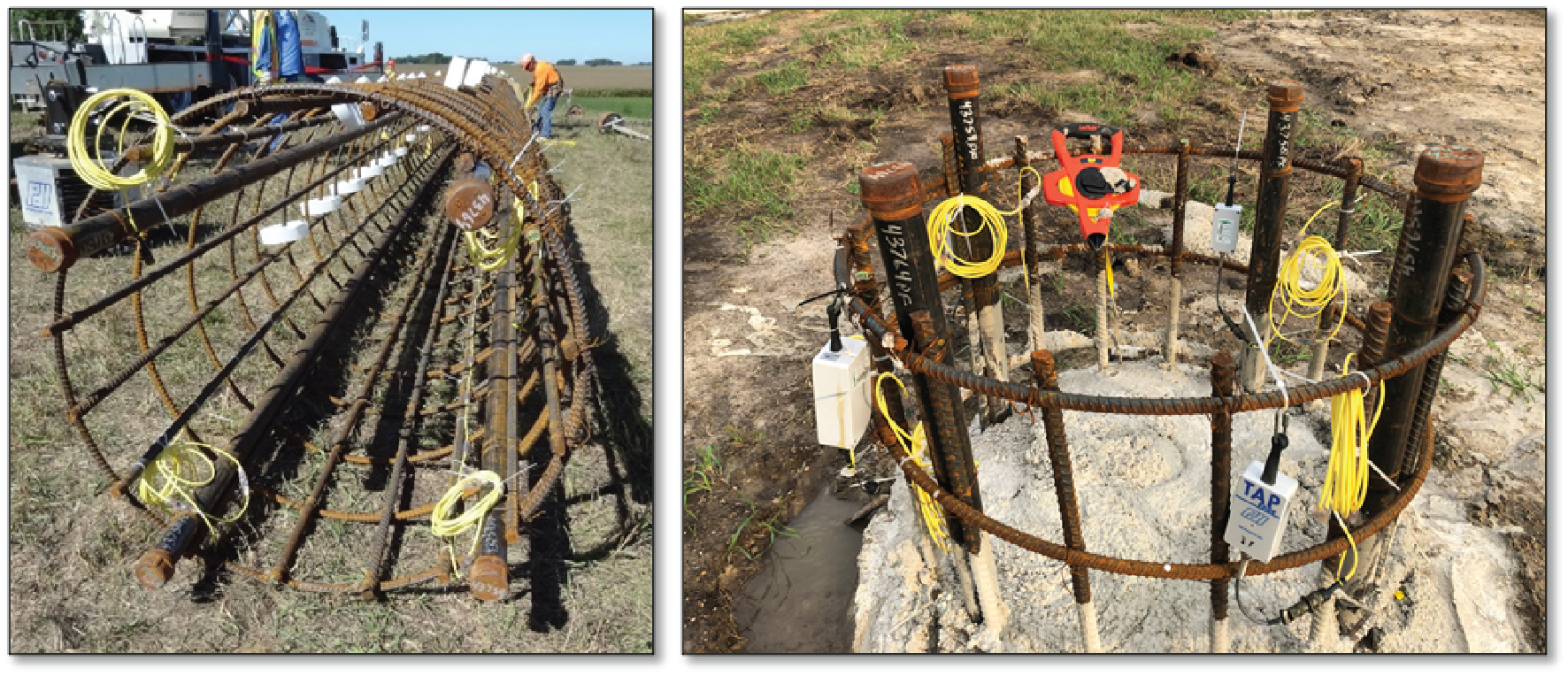 A rebar cage with four crosshole sonic logging access tubes and four thermal integrity profiling wires installed before placement in a drilled shaft (left) and an installed rebar cage after concrete pouring (right).