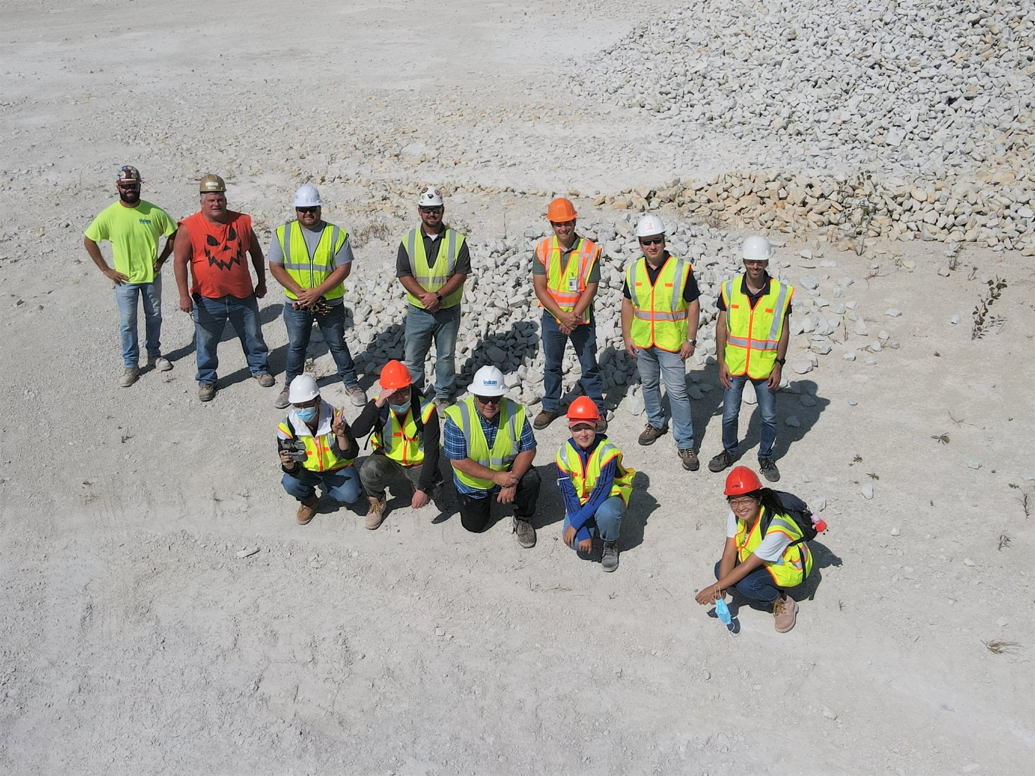 Provided by&amp;nbsp;Erol Tutumluer. The researchers pose to a drone in front of a riprap stockpile at a visit to a quarry in Kankakee, Illinois.