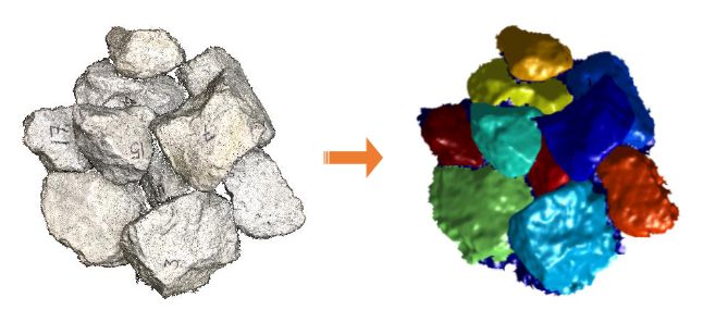 Provided by John M. Hart. An image showing a point cloud of a&amp;nbsp;riprap stockpile, left, and the segmentation of individual riprap particles, right. After segmentation, the researchers&amp;rsquo; AI algorithm will also complete the 3D shape of the segmented rocks before determining their volume.