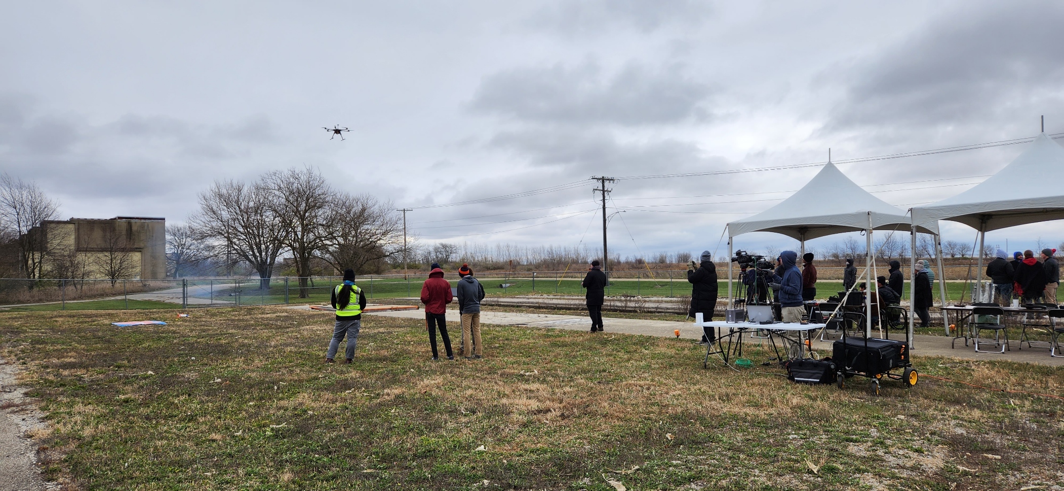 Groups of students gather to test model rockets dropped from drones at the Illinois Center for Transportation in&amp;amp;amp;amp;amp;nbsp;Rantoul, Illinois, on November 12.