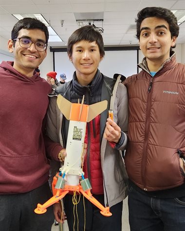 University of Illinois&amp;amp;amp;amp;amp;nbsp;Urbana-Champaign students Aaryamon Patel, Christopher Xu and Juan David Campolargo, from left, pose in front of their model rocket at ICT.