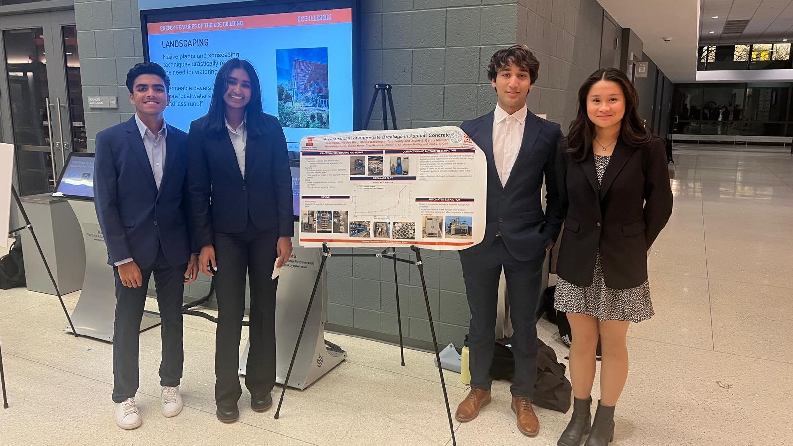 University of Illinois&amp;amp;amp;nbsp;Urbana-Champaign undergraduate students Desi Nainar, Tara Reddy, Shiraz Baxamusa and Hayley Kieu, from left, pose in front of their first-place poster at the PURE Research Symposium on December 2.
