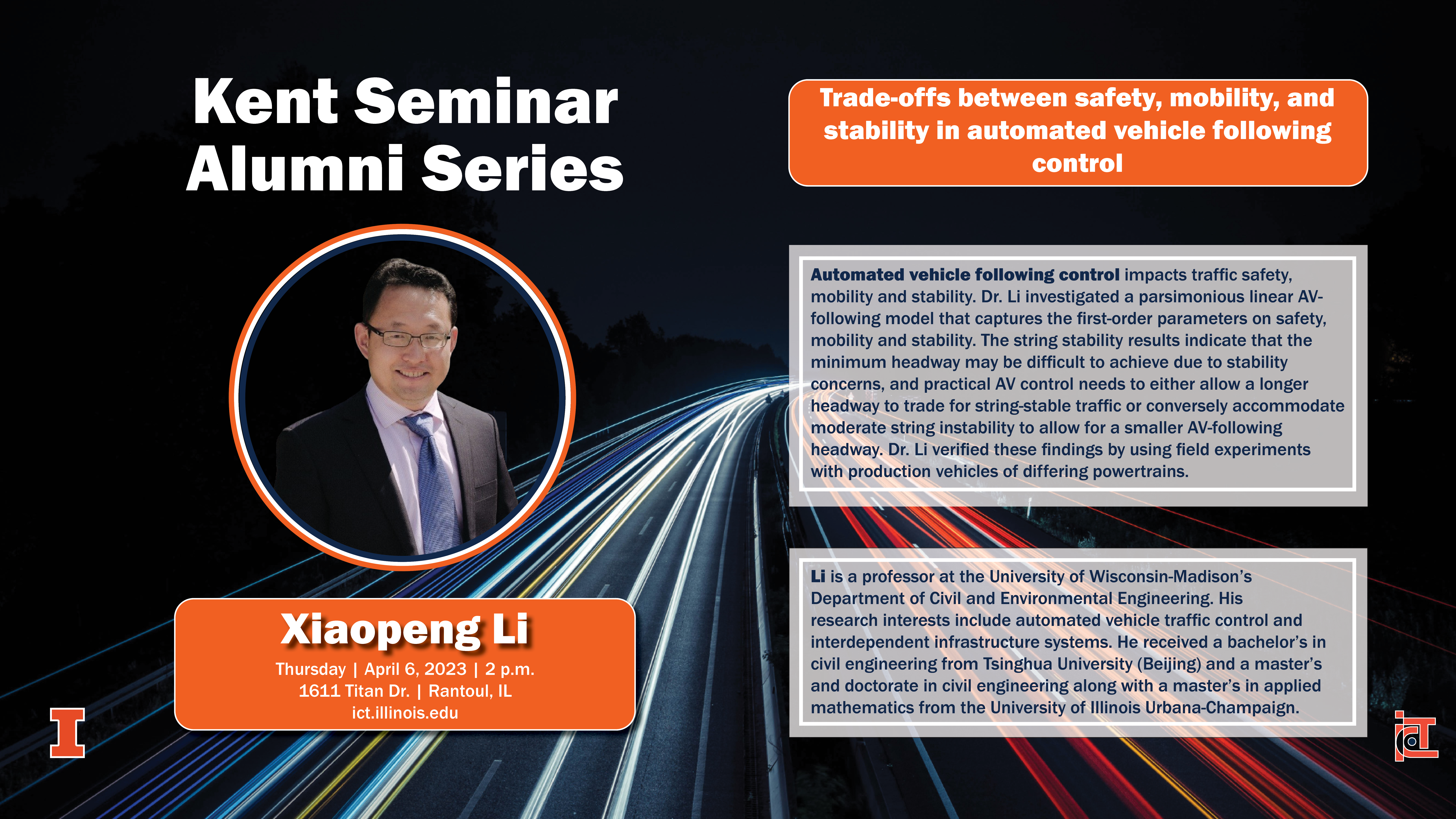 Automated vehicle following control impacts traffic safety, mobility and stability. Dr. Li investigated a parsimonious linear AV-following model that captures the first-order parameters on safety, mobility and stability. The string stability results indicate that the minimum headway may be difficult to achieve due to stability concerns, and practical AV control needs to either allow a longer headway to trade for string-stable traffic or conversely accommodate moderate string instability to allow for a smaller AV-following headway. Dr. Li verified these findings by using field experiments with production vehicles of differing powertrains.