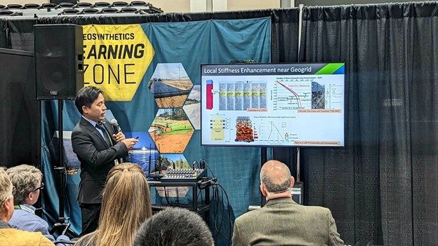 Mingu Kang, a CEE doctoral student in Erol Tutumluer&rsquo;s research group, presents his first-place Federal Aviation Administration research at the 2023 Geosynthetics Conference on February 7 in Kansas City, Missouri.