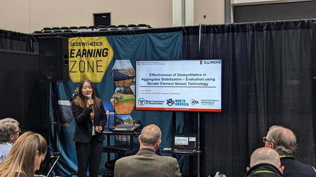 Han Wang, a&nbsp;CEE doctoral student in Tutumluer&rsquo;s research group, presents her second-place research on the IDOT-ICT project, &ldquo;<span style="font-size: 0.8em;">R27-234: Effectiveness of&nbsp;</span>Geosynthetics<span style="font-size: 0.8em;"> in Soil/Aggregate Stabilization&mdash;Evaluation Using Bender Element Sensor Technology.&rdquo;</span>