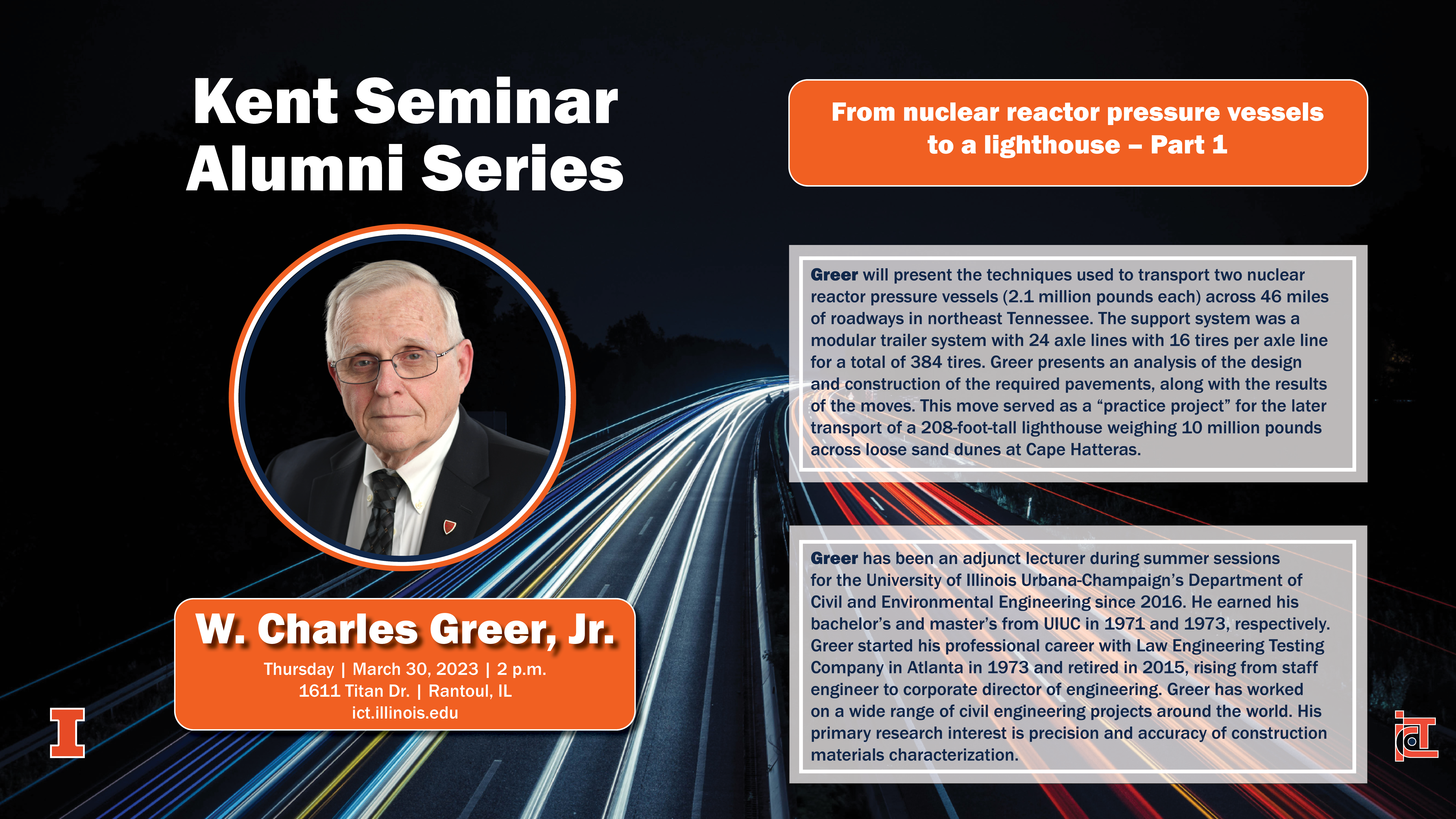 Greer will present the techniques used to transport two nuclear reactor pressure vessels (2.1 million pounds each) across 46 miles of roadways in northeast Tennessee. The support system was a modular trailer system with 24 axle lines with 16 tires per axle line for a total of 384 tires. Greer presents an analysis of the design and construction of the required pavements, along with the results of the moves. This move served as a &ldquo;practice project&rdquo; for the later transport of a 208-foot-tall lighthouse weighing 10 million pounds across loose sand dunes at Cape Hatteras.