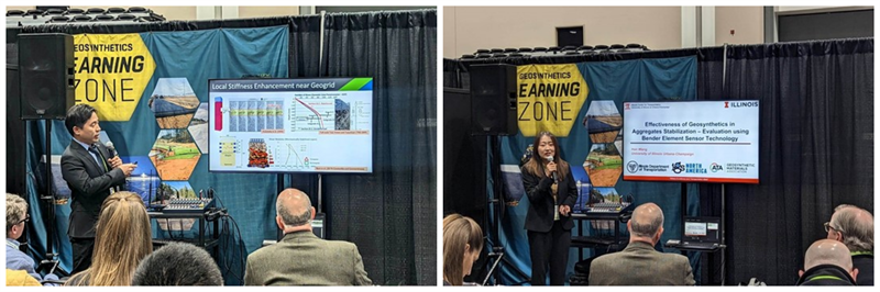 Kang, left, received first place for his Federal Aviation Administration research on the mechanical stabilization of airport pavement. Wang, right, received second place for her ICT and IDOT on the effectiveness of geosynthetics in soil and aggregate stabilization.