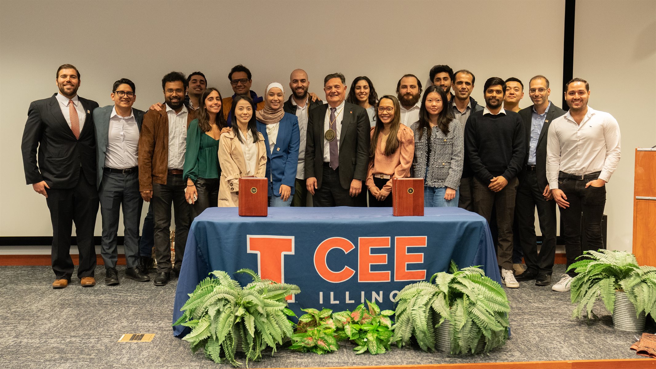 Illinois Center for Transportation students pose with&amp;amp;amp;amp;nbsp;Imad Al-Qadi in the National Center for Supercomputing Applications auditorium.