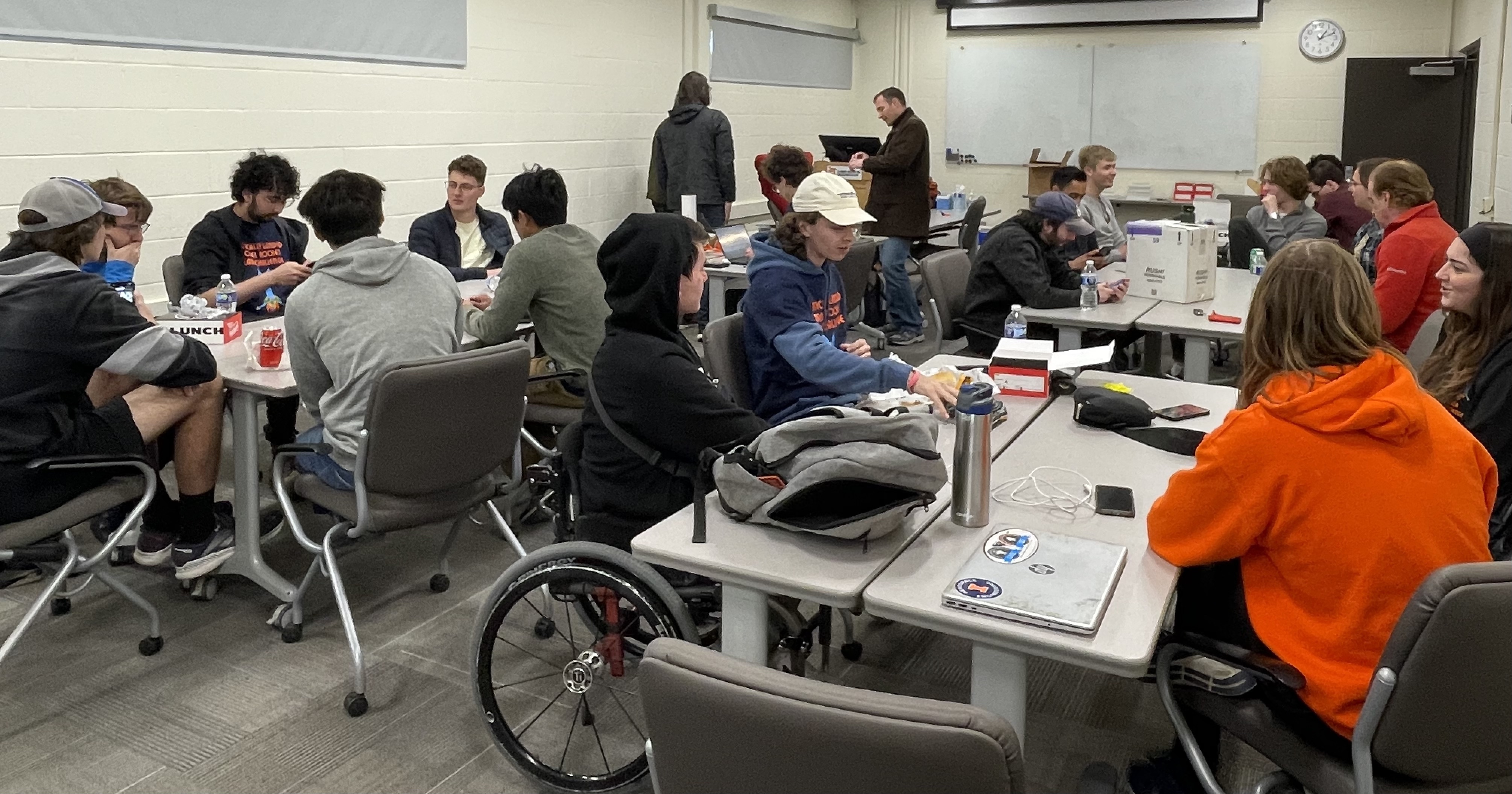 Students prepping for the Vertically Landed Rocket Challenge in the ICT Classroom on April 29.