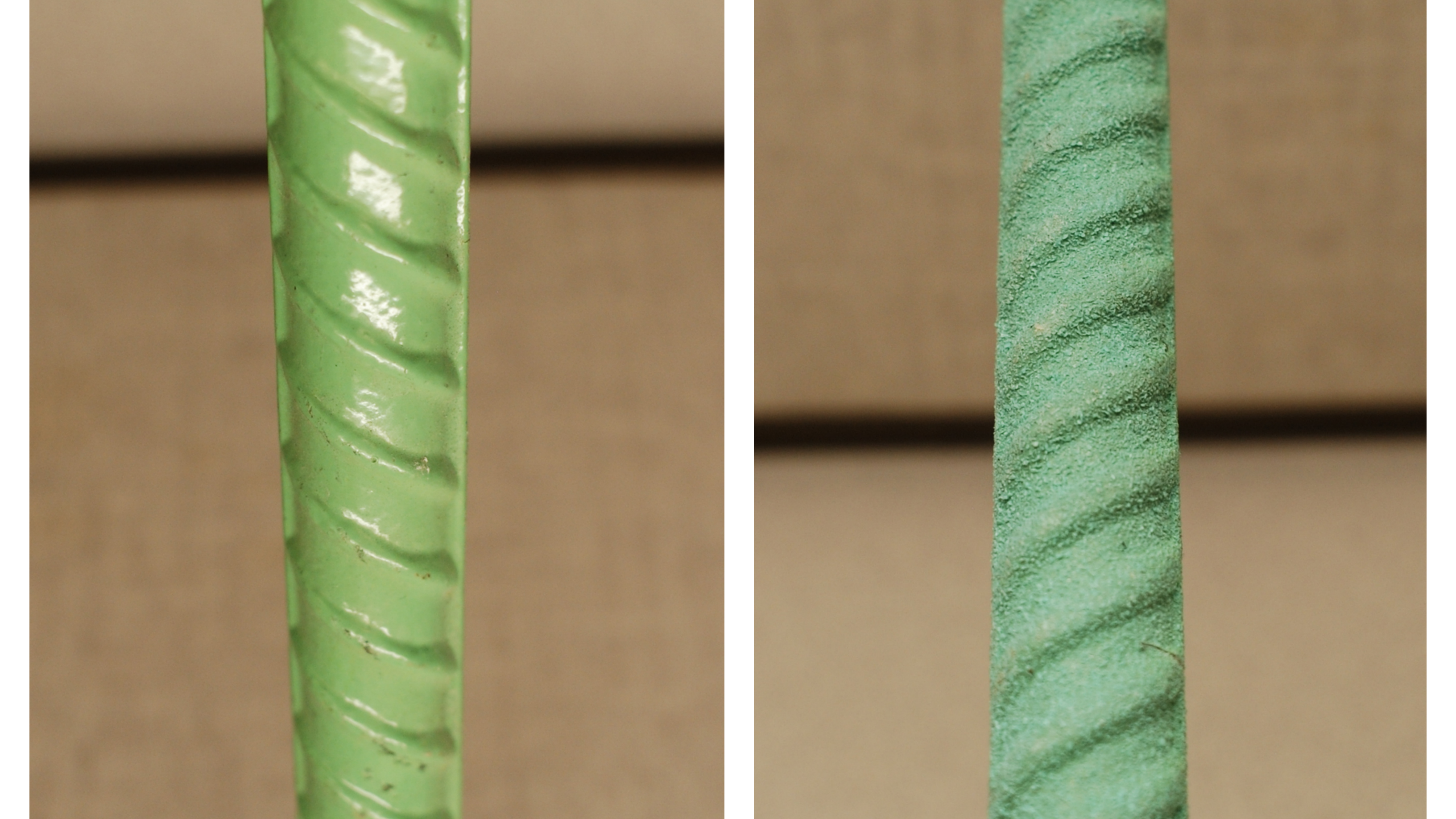 Photo courtesy of&amp;amp;amp;amp;nbsp;Bassem Andrawes. Epoxy-coated steel reinforcing bars with a smooth surface, left, have been successfully used to reduce the amount of corrosion in bridge decks across the U.S. Epoxy-coated steel reinforcing bars with a roughened or textured surface, right, may further increase the resiliency and durability of bridge decks.