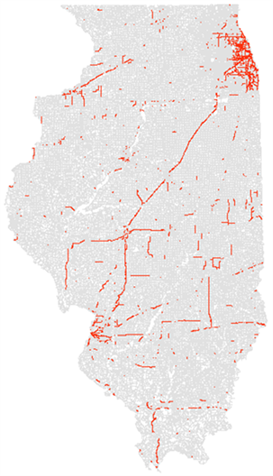 U.S. roadways that are not classified as part of the federally funded national highway system are broken into two state-funded categories: marked and unmarked. Unmarked routes, highlighted above, are spread throughout Illinois and total 2,580 miles.