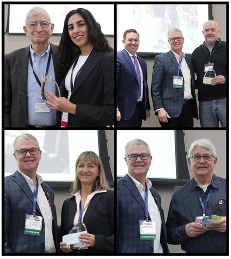 Clockwise from upper left: Professor Emeritus Marshall Thompson with Lama Abufares; Kevin Burke and Dan&amp;nbsp;Gallagher with Mike Schilke; Gallagher with Tom Zehr; Gallagher with Gosia Adamczyk.
