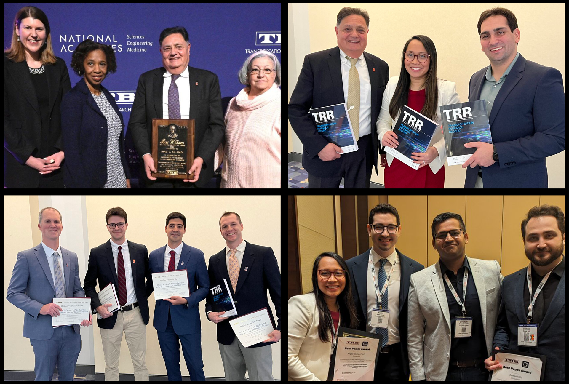 Clockwise from upper left: Al-Qadi with the Roy W. Crum Distinguished Service Award; Al-Qadi, Jayme, and Okte with the K.B.Woods Award; Jayme,&amp;amp;amp;amp;amp;amp;nbsp;&amp;amp;amp;amp;amp;lt;span dir=&amp;amp;amp;amp;amp;quot;ltr&amp;amp;amp;amp;amp;quot;&amp;amp;amp;amp;amp;gt;Nadim Hamad (Northwestern University), Divyakant Tahlyan (Northwestern University), and Usta with&amp;amp;amp;amp;amp;lt;/span&amp;amp;amp;amp;amp;gt;&amp;amp;amp;amp;amp;amp;nbsp;the Best Paper Award; the CEE RailTEC team with the William W. Millar Award.